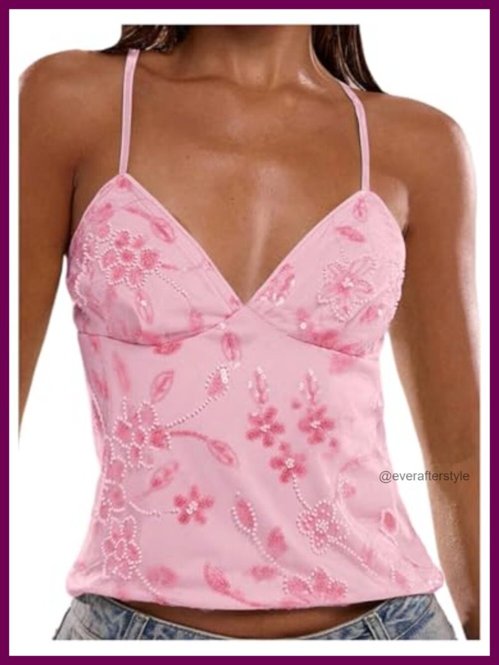 Sequin Floral Embroidery Camisole Criss Cross Tie Backless Going Out Top